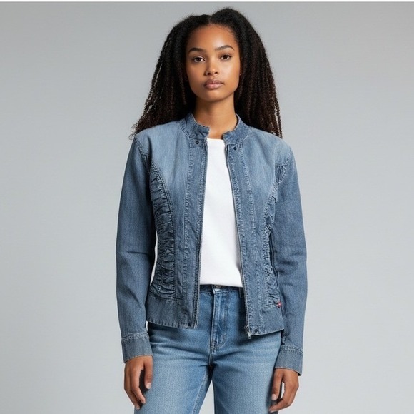 Lady Enyce Jackets & Blazers - Lady Enyce 90s Streetwear Y2K Ruched Lightweight Denim Jacket Blue XXL Zip Front